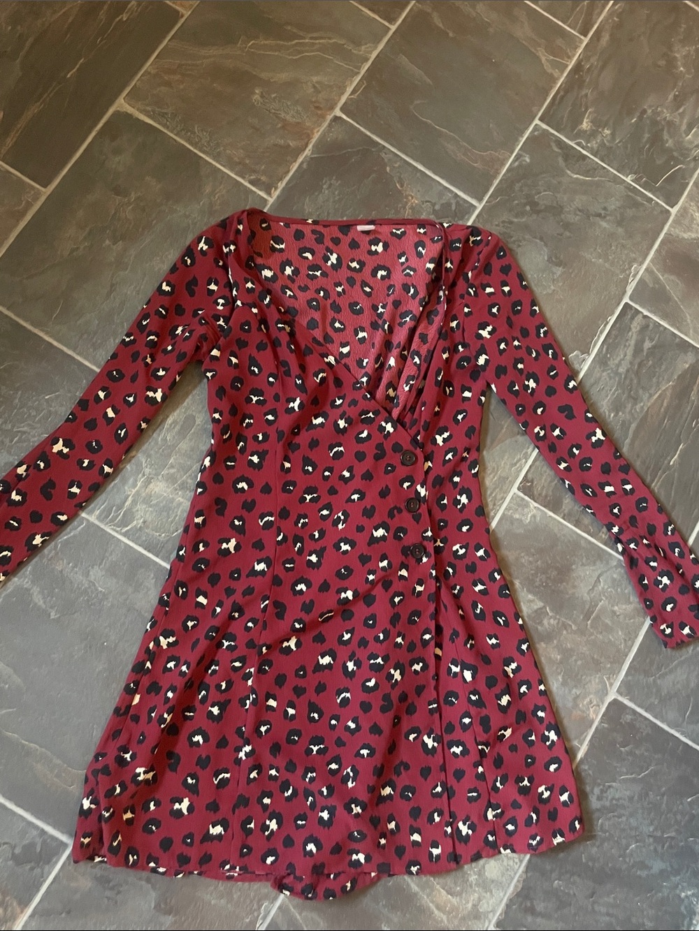 H&M Burgundy Red Leopard-Print Long Sleeve Wrap Dress